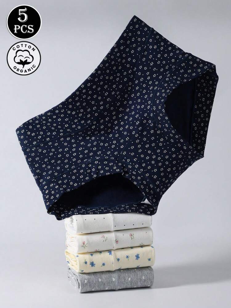 5条装女士纯棉内裤，花朵蝴蝶结可爱设计，中腰，全包臀，无痕。 - 彩色 - 查看 6