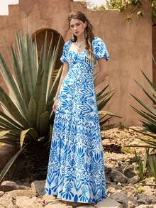 Faeriesty 优雅女士心形领连衣裙：波西米亚风刺绣印花连衣裙，泡泡袖，修身胸衣，层叠荷叶边下摆，腰部饰以精致点缀——完美适用于花园婚礼、波西米亚风新娘写真、私奔之旅、浪漫周年庆典、乡村户外活动等夏季场合。 - 藍色 - 查看 5