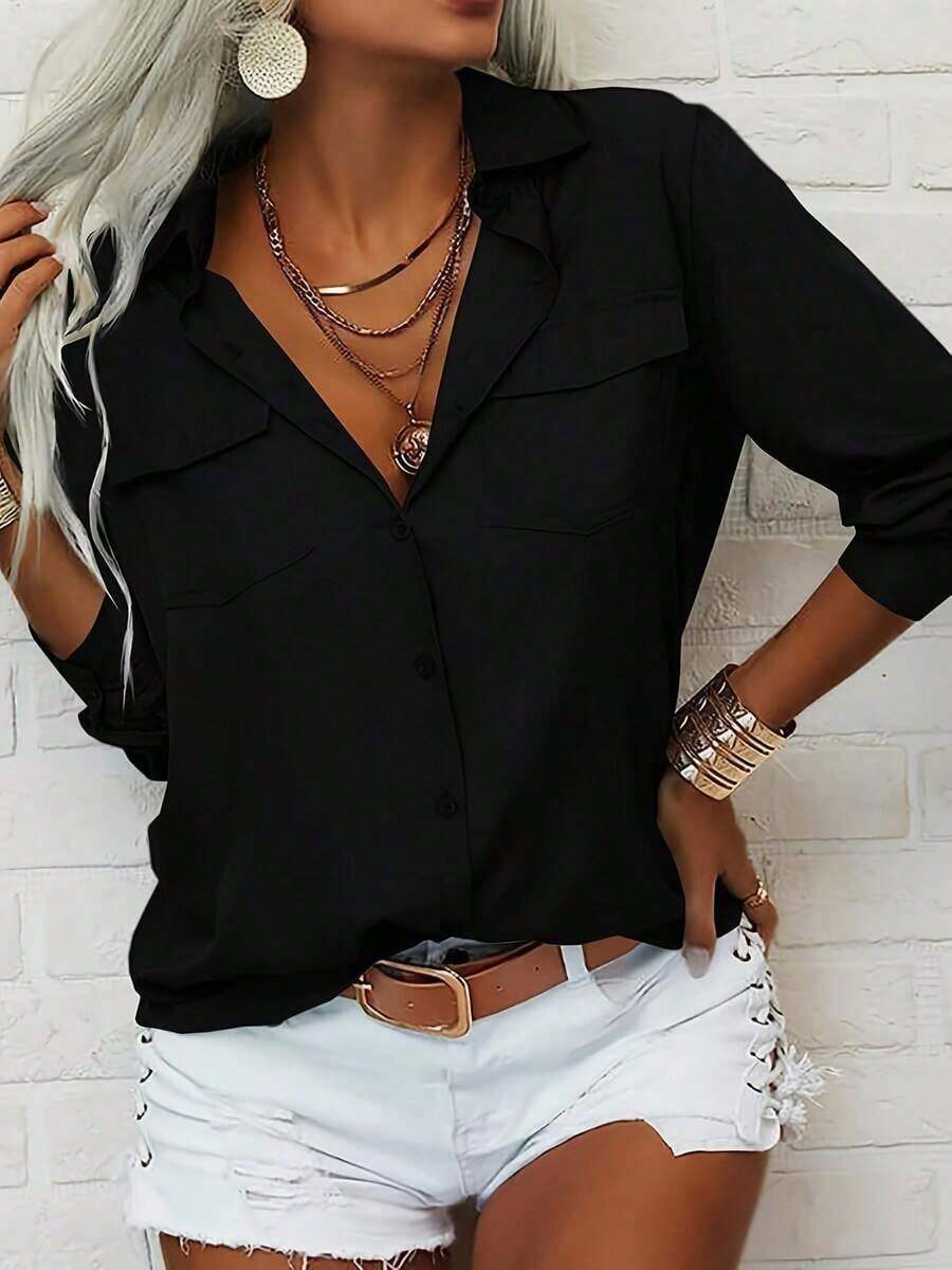 Womens Solid Lapel Long Sleeves Button Down Shirt Top Casual Basic Office Blouse,New Years Outfit Women,Country Concert Outfit,Vintage Clothes Women,Long Sleeve Tops Women,Valentine's Day, - màu đen - Xem 1