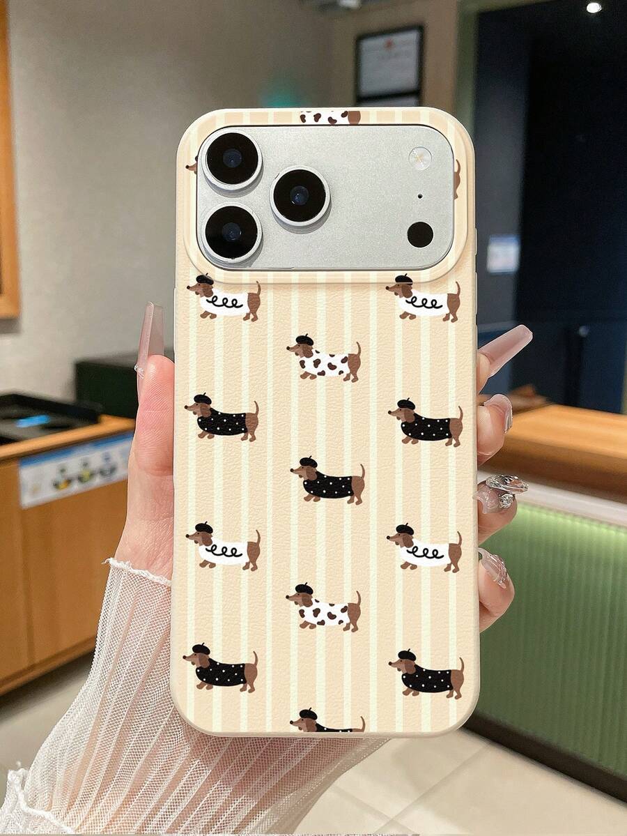 1个腊肠犬条纹图案米色TPU皮革质感软手机壳，兼容苹果17、Air、17 Pro、17 Pro Max、16 Pro Max、16E、14/13、12、11 Pro Max、XS Max、X、XR、8、7、Plus以及三星Galaxy A06、A16、A55、A56、A17、S24FE、S25U，适合作为生日礼物，送给女朋友、男朋友或自己使用，防摔。 - 彩色 - 查看 1