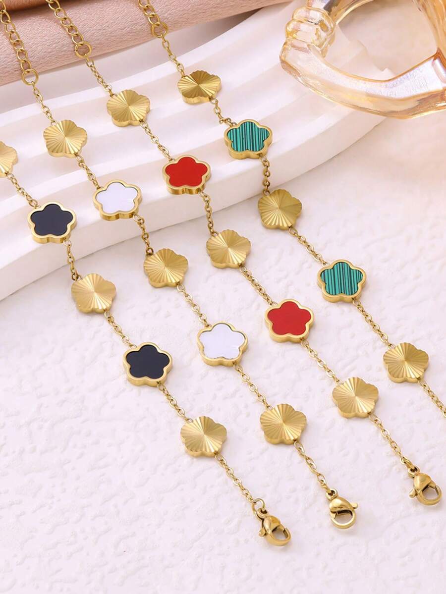 1pc Stainless Steel Fashionable Luxury New Titanium Steel 5-Petal Flower 18K Gold Plated Mother Of Pearl Inlay Dual-Tone Bracelet For Women