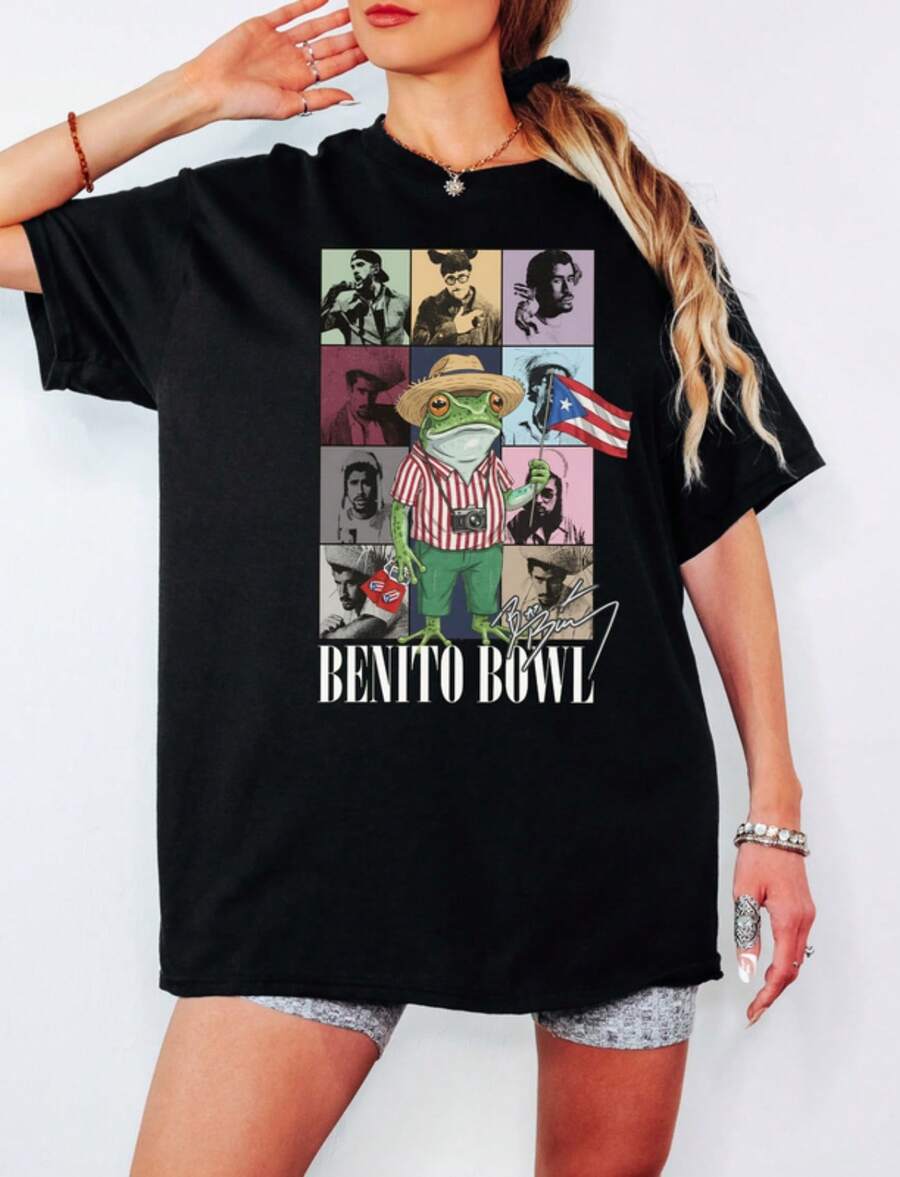 Benito Bowl Frog Graphic T-Shirt Puerto Rico Artist Tribute Fan Tee Tropical Latin Music Style Shirt - màu đen - Xem 1