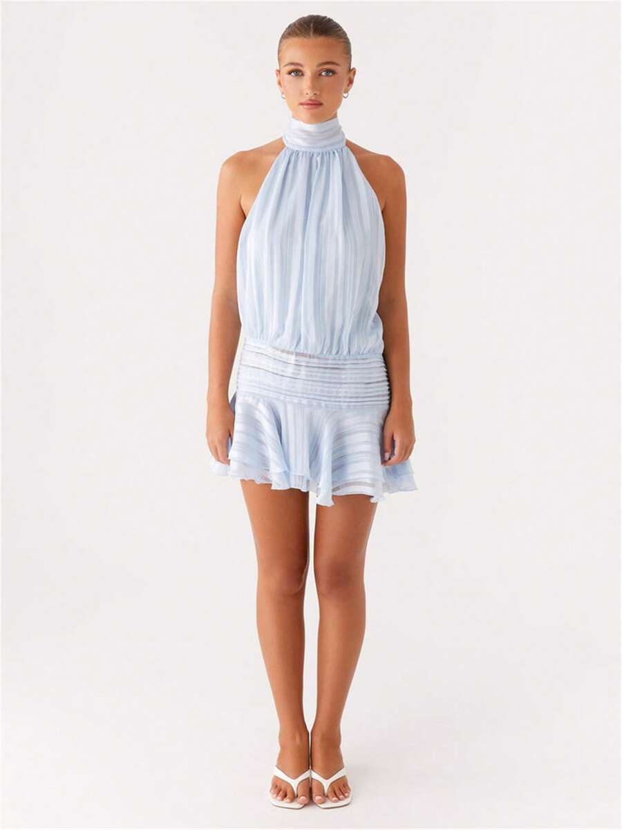 Women's Pleated Waist Sheer Mesh Ruffle Mini Dress Summer Casual Halter Neck High Neck Bodycon Short Dress Self-Tie Backless Sundress Party Clubwear - 淺藍色 - 查看 1