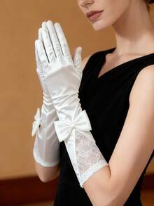 1 双女士白色缎面蕾丝蝴蝶结长手套，适合婚礼、新娘、生日派对、情人节约会、婚纱摄影工作室、演出和其他场合。 - 蝴蝶結手套 - 查看 3