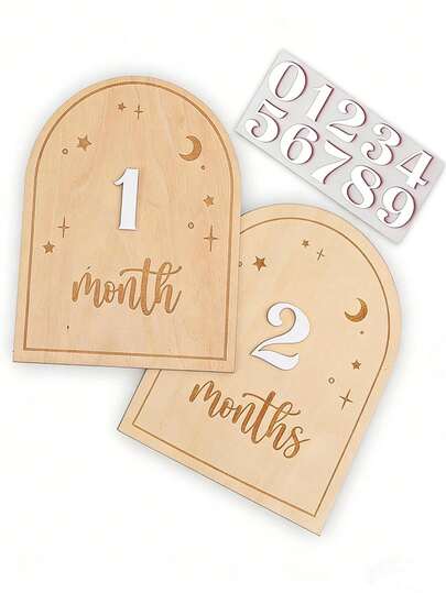 Wooden Starry Night Interchangeable Milestone Cards Set - My First Year Milestone Markers, Baby Monthly Star Milestone Markers, Boho Monthly Milestone Photo Props, Suitable For Boys/Girls, Star And Moon Decor