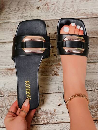 新款女士时尚简约夏季凉鞋，轻便纯色搭扣装饰极简平底凉鞋，休闲百搭舒适室内/室外女鞋，简约/轻便/舒适