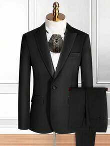 2pcs Black Italian Banquet Notched Collar Suit Set, Formal Hosting Attire, Wedding Tuxedo Jacket + Pants - Black - View 2