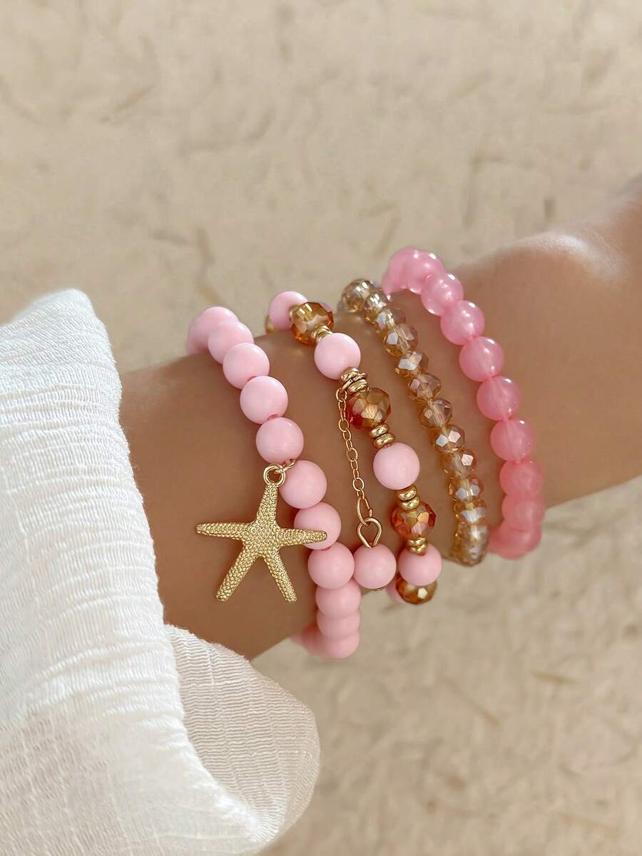 4pcs/Set Fashionable Bohemian Ocean Beach Style Starfish Pendant Multi-Layer Beaded Asymmetrical Bracelet Set - Pink - View 1