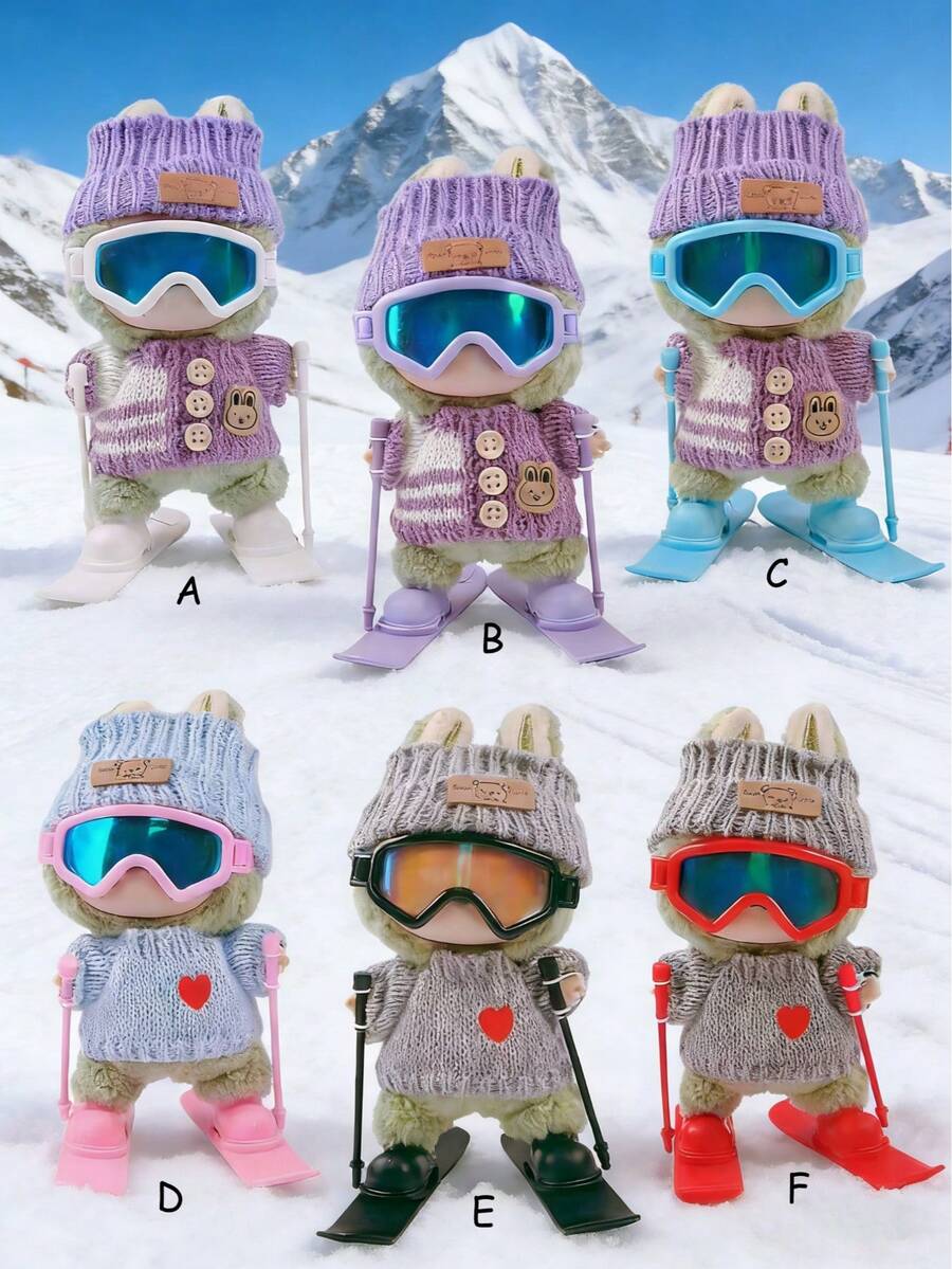 17cm Doll Outfit, Fashionable Ski Suit With Ski Gear, Ski Sweater And Hat, For Labubu, Holiday Costume, Holiday & Birthday Gift (Doll Not Included) - Multicolor - View 1