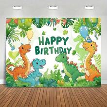 2D Flat. Vibrant Dinosaur Theme Birthday Celebration Banner. Colorful Party Backdrop Curtain Decorated With Balloons And Cute Dinosaurs, Made Of Durable Polyester Fiber, Suitable For Teenage Birthday Celebrations And Home Use. - 1pc - View 12