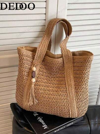Dedoo New Fashionable Multipurpose Tote Bag, Beach Vacation Bag, Lightweight & Elegant Woven Bohemian Style Shoulder Bag, Handbag, Large Capacity, Suitable For Women, College Students, Teenagers, With Tassel Pendant, Women's Summer Straw Beach Bag, Essential For Vacation, Perfect Match For Women's Beach Accessories, Most Popular Women's Beach Bag, Fashionable Summer Vacation Bag, Essential Bag For Women's Vacation Travel, Boho