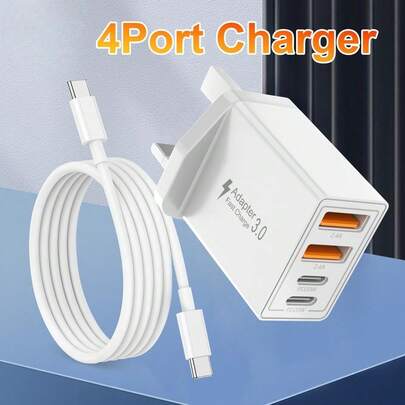 UK Travel Plug Adapter, Type G Plug Adapter 40W 4-Port UK USB C Charger Fast Charging Block UK Ireland Plug Charger Compatible With IPhone 17 16 15 14 13 12 11 Pro Max X 8, Galaxy, Pixel, Android (Including Type-C Charging Cable)