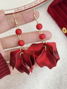 一对轻盈奢华的优雅红色花瓣耳环，新款中国风时尚几何高端耳环，适合婚礼和正式场合，珠宝礼品 - 彩色 - 查看 4