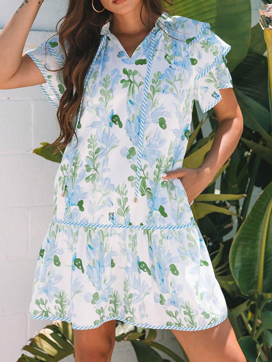 Women's Floral & Striped Print Ruffle Hem Cap Sleeve Vacation Dress, Summer Elegant - Baby Blue - View 1