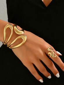 2pcs/Set Asymmetrical Matching Exaggerated Personalized Bracelet Bangle Open Ring Hiphop Alloy Jewelry For Women - Gold - View 1