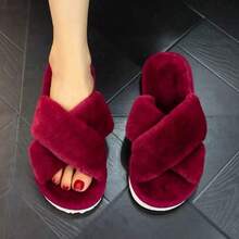 Cross-Strap Ladies Fur Plush Slippers Foreign Trade Cross-Border Slippers Open-Toed Slippers Home Girls Warm Cotton Slippers - 酒紅色 - 查看 6