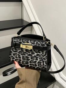 1 pieza Bolso de mano con cierre magnético y decoración de correa con estampado de leopardo, de moda para mujer, adecuado para compras de primavera - Multicolor - Ver 1