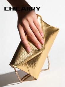 Damen Sommer Gold Clutch Tasche, Metall Kette Schultergurt, Klappe elegante minimalistische Umschlagtasche, neue Umhängetasche, geeignet für Einkaufen, Dates, Pendeln, Handy und Münzen halten, Strandurlaub, Casual elegante Clutch, Abendparty Mini Quadrat Tasche - Gold - Übersicht 5