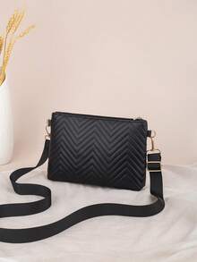 1件装女士时尚黑色绗缝斜挎包，配有可调节金色M字Logo肩带，休闲日常单肩包，轻便拉链手拿包 - 黑色 - 查看 3