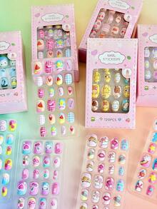 120pcs Square Cartoon Pattern Soft Gel Nail Stickers, Minimalist Style, Suitable For Girls And Kids, Super Cute DIY Fake Nails - Multicolor - View 2