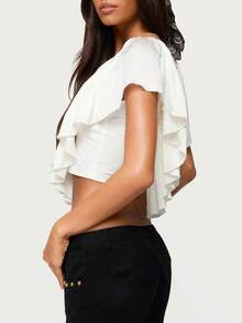 Women Y2K Ruffled V Neck Crop Top Frill Trim Tie Back Summer Going Out Top Vintage Boho Blouse Shirt Streetwear - 白色 - 查看 2