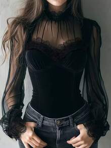 女士优雅黑色蕾丝拼接衬衫，时尚长袖衬衫，饰有别致的撞色蕾丝袖，百搭时尚网纱上衣 - 黑色 - 查看 11