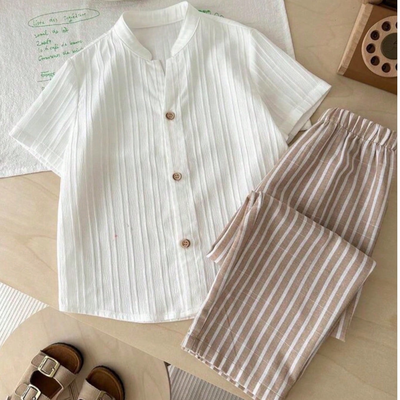 Set de 2 piezas con camisa de unicolor y pantalones a rayas para niños, atuendo casual adecuado para cualquier ocasión