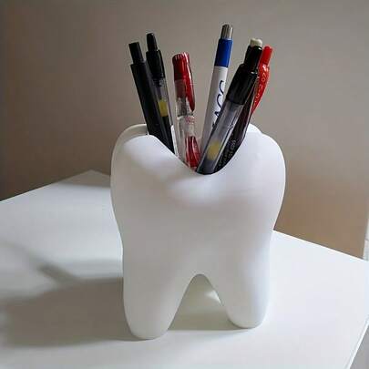 1 pieza Soporte para bolígrafos con forma de diente | Organizador de bolígrafos de plástico blanco independiente, montaje en pared, ligero, forma novedosa