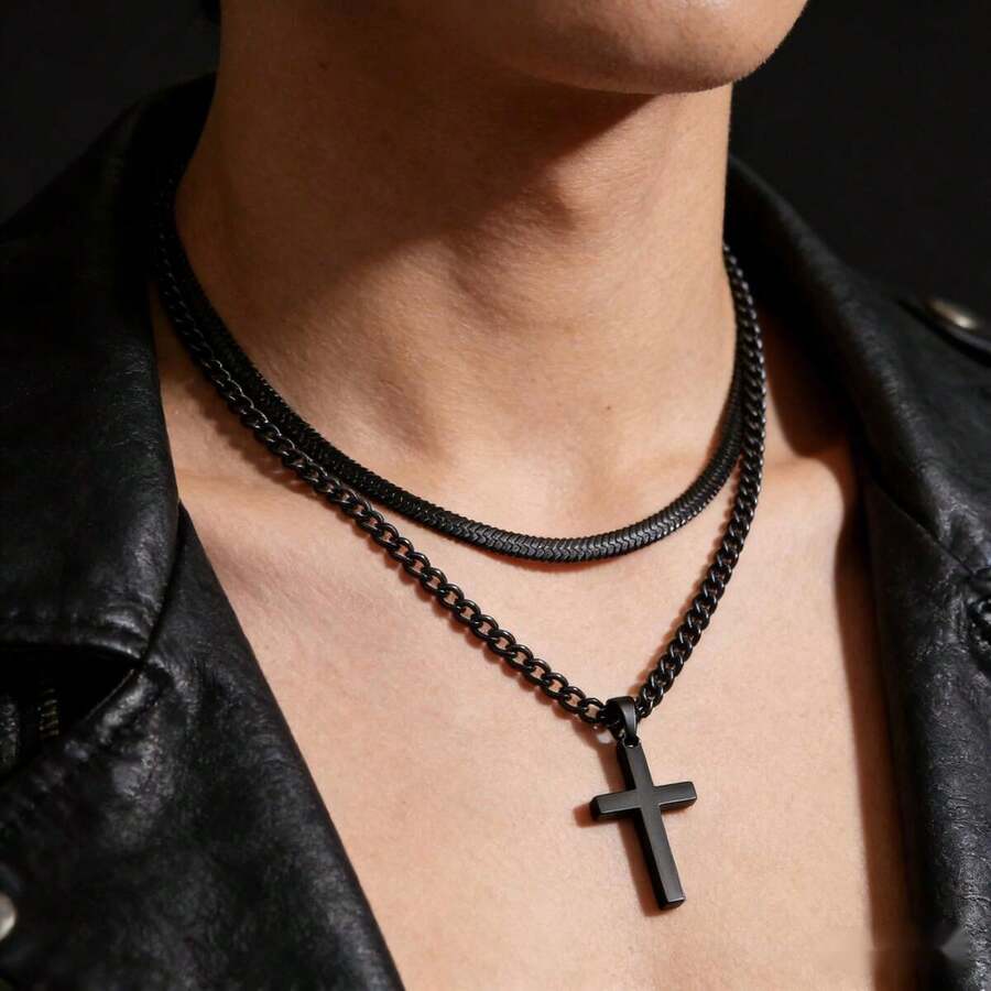男士项链手链套装，不锈钢黑色十字架项链长60厘米，手链长21厘米，情人节和父亲节礼物 - 黑色2件套裝款式4 - 查看 1