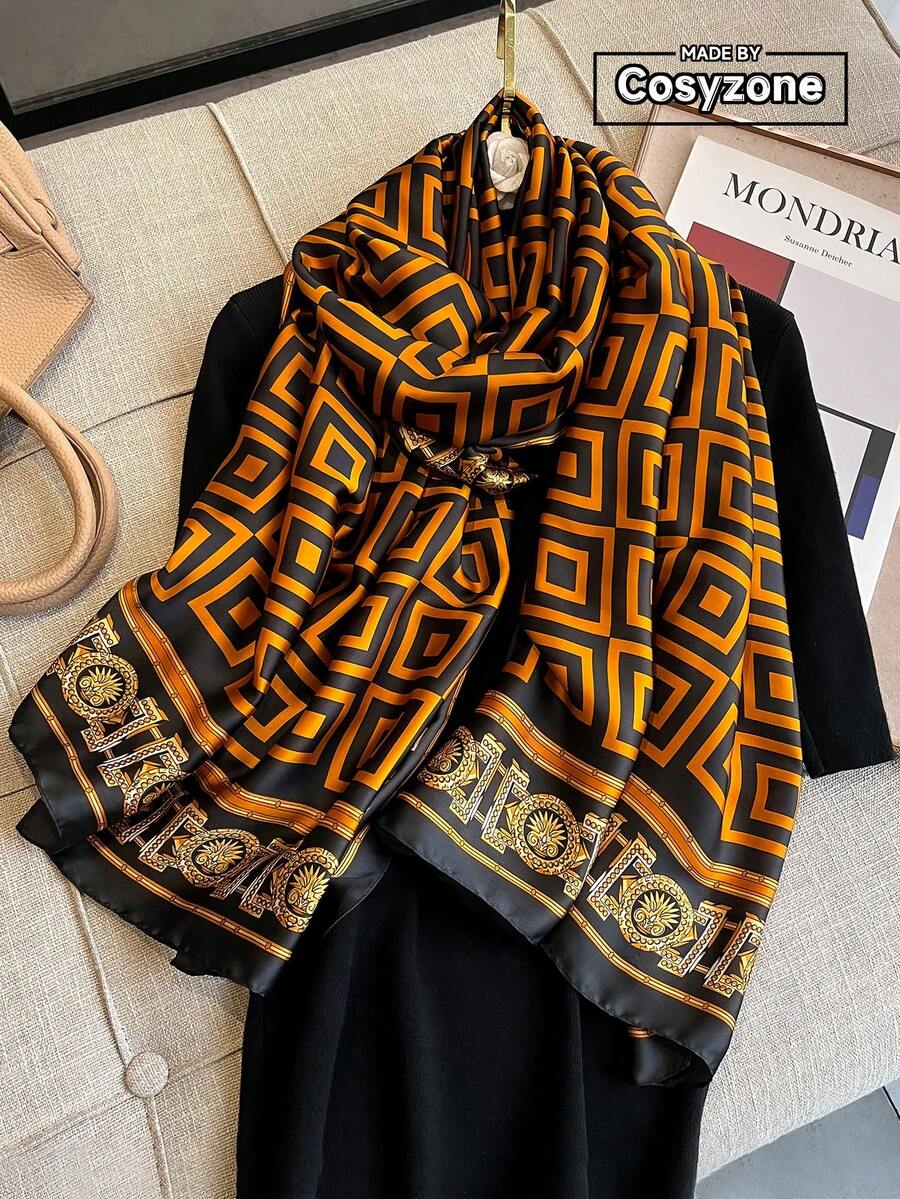 1条几何图案印花仿丝围巾，女士时尚披肩，适合海滩、防晒、空调等场合，多功能围巾 - 彩色 - 查看 1