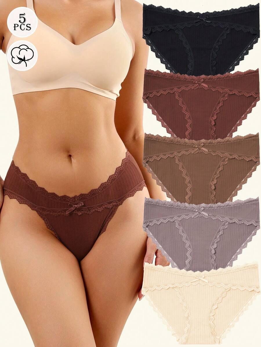 5条装女士纯棉全包臀三角裤，低腰三角裤，比基尼款式，柔软蕾丝边，性感三角裤，尺码S-XXL - 彩色 - 查看 1