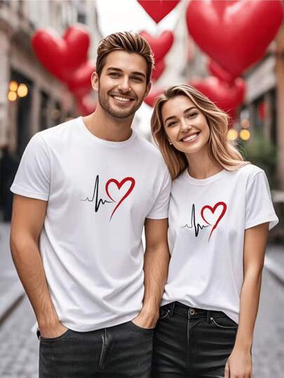 Camiseta de San Valentín para Parejas, 1 Pieza, con Latido y Diseño de Corazón Simbolizando la Conexión y el Amor Eterno,% Algodón BFEB