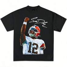 "Unisex Shedeur Sanders Oversized Graphic Tee, Vintage Y2K Retro Rugby Print Crew Neck T-Shirt For Summer, Casual Outdoor, Sports Fan & Streetwear, Plus Size Available" - màu đen - Xem 6