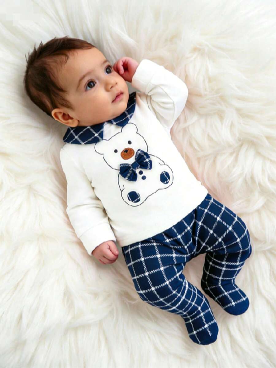 2pcs Newborn Baby Boy Cute Plaid Peter Pan Collar Bear Pattern Top And Plaid Pants Set, Daily Outfit - Blue - View 1