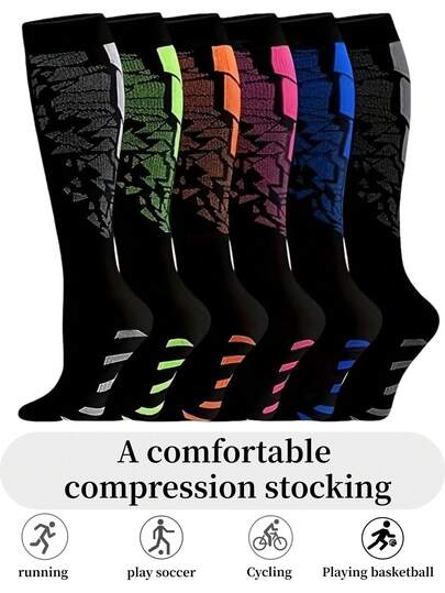 6 Pairs Unisex Compression Sports Socks - Lightweight Breathable Over-The-Knee Design, Suitable For Running, Cycling, Hiking, Football And Travel - Low Pressure Support