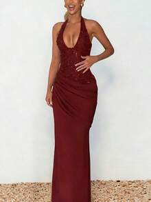 Vestidos Elegantes De Mujer Formal Gowns For Women Evening Elegant Vacation Outfits Women Paneled Bodycon Maxi Dress Shimmery Knit Deep V Halter Formal Gown Vestidos Elegantes De Mujer Formal Gowns For Women Evening Elegant - 酒紅色 - 查看 2