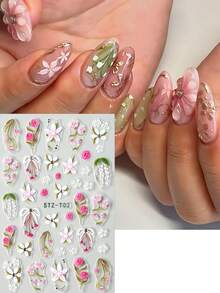 Hình dán móng tay hoa tử đằng hồng dập nổi đính đá và ngọc trai, vẻ thanh lịch mùa xuân, hoa anh đào trắng, hoa ly, hoa baby's breath, họa tiết hoa mùa hè, phụ kiện trang trí móng tay. - Nhiều màu - Xem 7