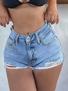 Asymmetrical Frayed Hem Distressed Ripped Wide Leg Denim Shorts For Women - Medium Wash - View 1