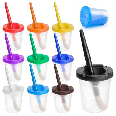 10pcs Anti-Spill Paint Cups With Colored Lids And Brushes, Suitable For Children, Anti-Spill Paint Brush Cleaning Cups, Toddler Paint Cups For Drawing, Arts And Crafts Supplies, Acrylic Paint, Watercolor