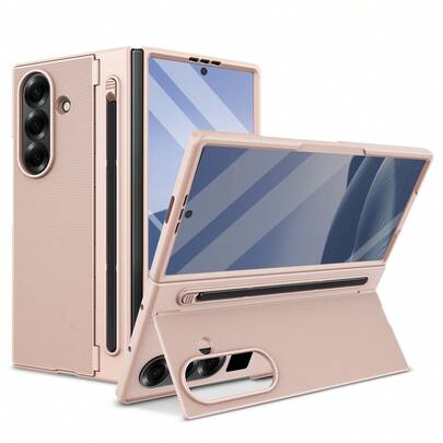 VIETAO Built-In Pen Hidden Geometric Stand Spray-Coated Phone Case Compatible With Samsung Galaxy Z Fold 6 7 Fold6 Fold7 Mobile Cover With Tempered Glass Screen Protector