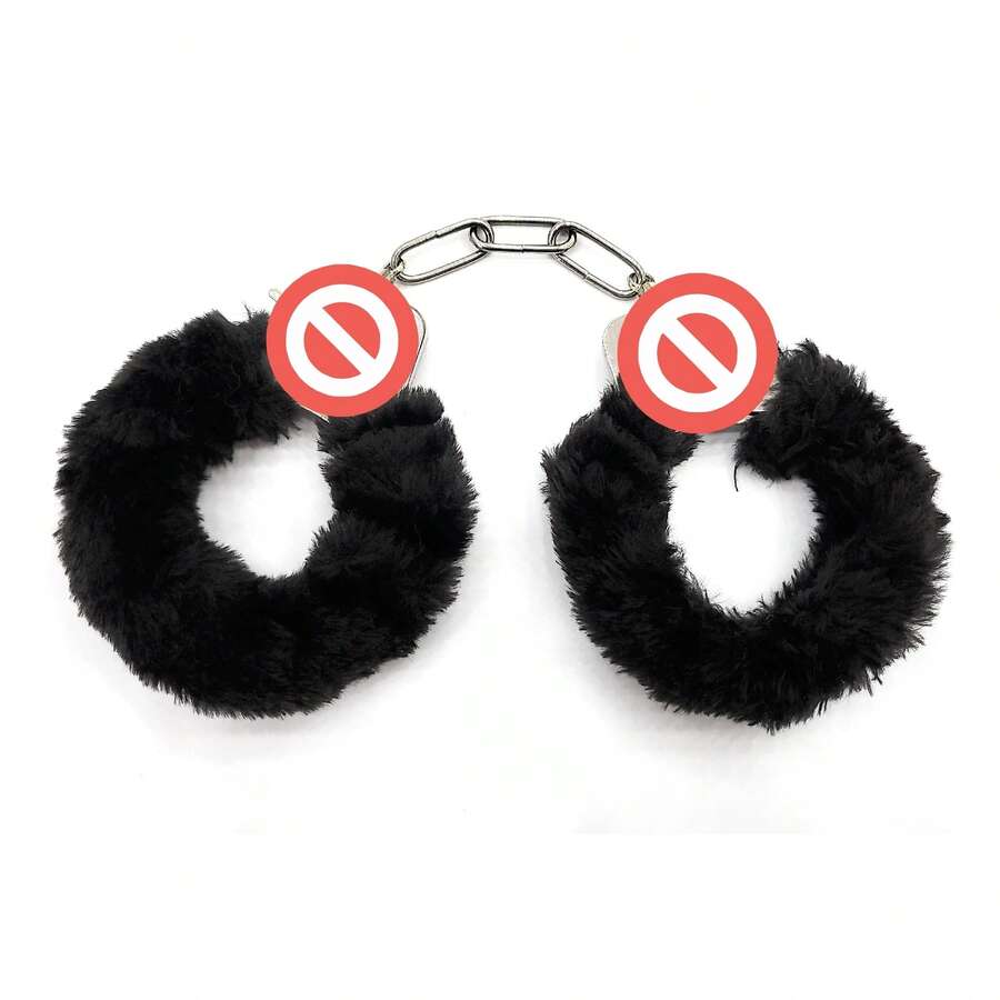JASINCESS 1 Pcs Party Stainless Steel Plush Handcuff Fuzzy Handcuffs Halloween Cosplay Props - 黑色 - 查看 1