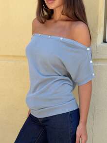 Áo len nữ FOR BEAUTY Xuân/Hè mới, màu xanh dương trơn phối nơ, áo len ngắn hở vai phong cách Y2K, thiết kế cúc cài vai, phong cách tối giản thanh lịch, phù hợp mặc hàng ngày, dạo phố, lễ hội âm nhạc, kỳ nghỉ biển, hẹn hò. - Màu xanh lam - Xem 3