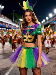 亮片羽毛装饰的狂欢节服装，三色设计，适合狂欢节派对和化装舞会。 - 彩色 - 查看 3