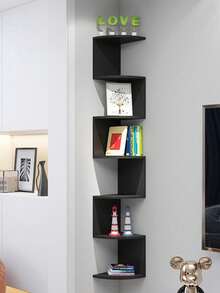 1pc Wall Mounted Corner Shelf Unit, No Drilling Required, Wall Hanging Storage Rack For Bedroom, Living Room, Bathroom, Kitchen (Carbonized Black), Rustic Style Wooden Wall Mounted Corner Shelf, Suitable For Bathroom, Kitchen, Bedroom Or Living Room (Deep Carbonized Black) - 黑色 - 查看 5