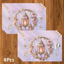 1/4/6 件套，斋月餐垫，亚麻餐桌垫，传统灯笼图案，可水洗印花桌布，表面保护垫，节日厨房和家庭聚会的理想装饰 - 彩色 - 查看 10