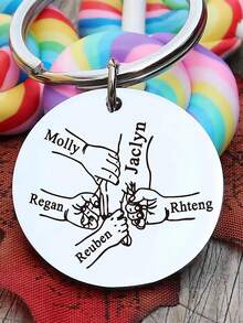 1pc Personalized Stainless Steel Family Surname Keychain, Customized Name Engraved Heart Shaped Gift, Suitable For Father's Day, Mother's Day Or Special Occasions, Customized Name Option, Minimalist Style Family Gift, Suitable For Men And Women, Customized Name Round Pendant Keychain, Pet Accessories Gift, Stainless Steel Jewelry, Couple Gift, Valentine's Day Gift, Birthday Gift, Anniversary Gift - Multicolor - View 7