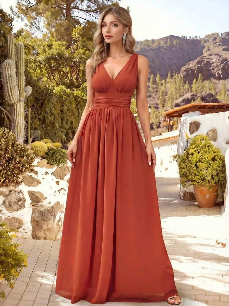 Elegant Chiffon V-Neck Sleeveless Ruched Maxi Formal Bridesmaid Dress In  Caramel Orange, Suitable For Spring/Summer Wedding Guest, Graduation  Ceremony, Prom Party, Holiday | SHEIN USA