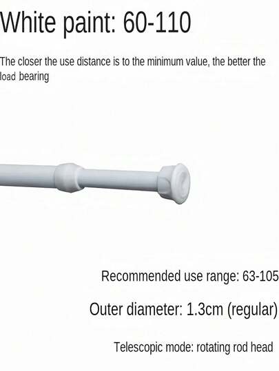 1pc Heavy Duty No Drill Adjustable Spring Tension Iron Coated Curtain Rod, Modern White, Length Adjustable 23.62in-43.31in, Product Diameter 0.511in, Suitable For Shower Curtain, Clothes Drying, Kitchen, Wardrobe, Door Curtain, Easy To Install Space-Saving Rod