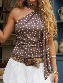 Women's Halter Neck Tops Sleeveless Dots Print Slim Fit Ruched Tank Tops Summer Shirts - Tan - View 1
