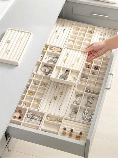 5pcs Jewelry Storage Trays, High-Quality Velvet Jewelry Organizer Trays, Stackable Jewelry Storage Boxes, Jewelry Drawer Organizer Trays, Multi-Functional Jewelry Display Trays, Bedroom Vanity Organizer Trays, Essential For Drawer Storage And Organization, Suitable For Earrings, Necklaces, Rings, Bracelets, Great Gift For Girls, Holiday Gift, Valentine's Day Gift